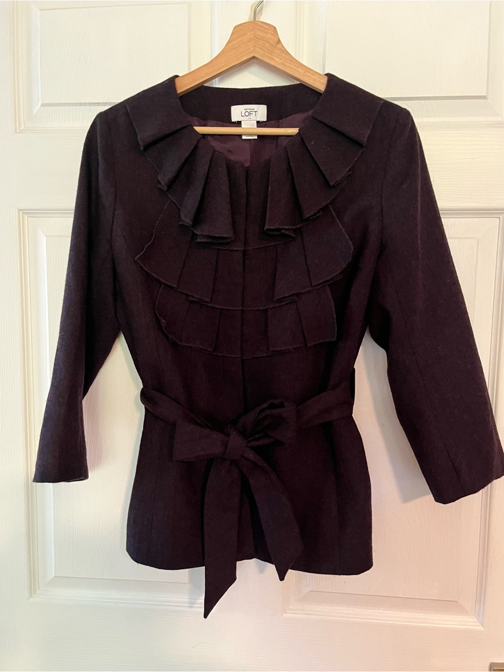 LOFT Wool Blend Deep Plum Ruffle-Front Belted Blazer Jacket Size 12